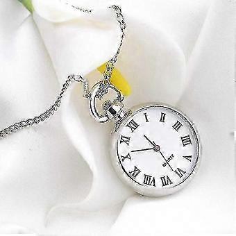 Pocket Watch Necklace Pendant Quartz Round Dial Silver Chain Vintage Antique Style Fashion Elegant Gift