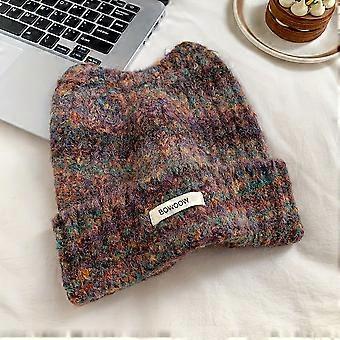 Women's Cat Ear Beanie, Elastic Knit Winter Hat with Multicolor Tie-Dye Pattern, Warm Fantasy Design for Christmas Cold Weather