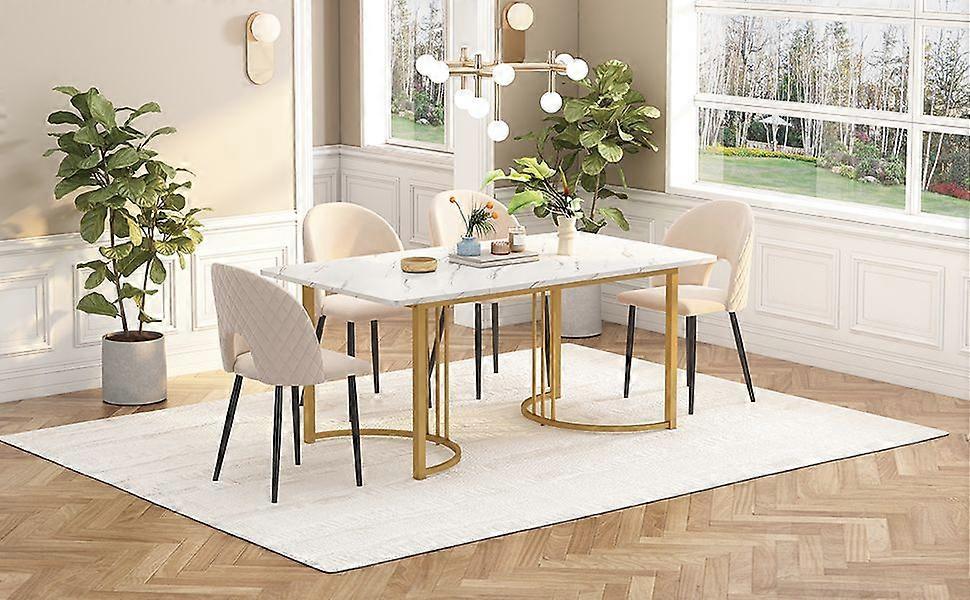 140 x 80cm dining table (1 piece), modern kitchen table, metal frame, rectangular dining table with modern marble pattern, kitchen table with adjustab