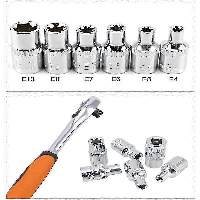 6Pcs/set Drive Socket 1/4 Hexagon Torx Star Female Bit E Socket Set E4 E5 E6 E7 E8 E10 Steel Hand Tool Accessories