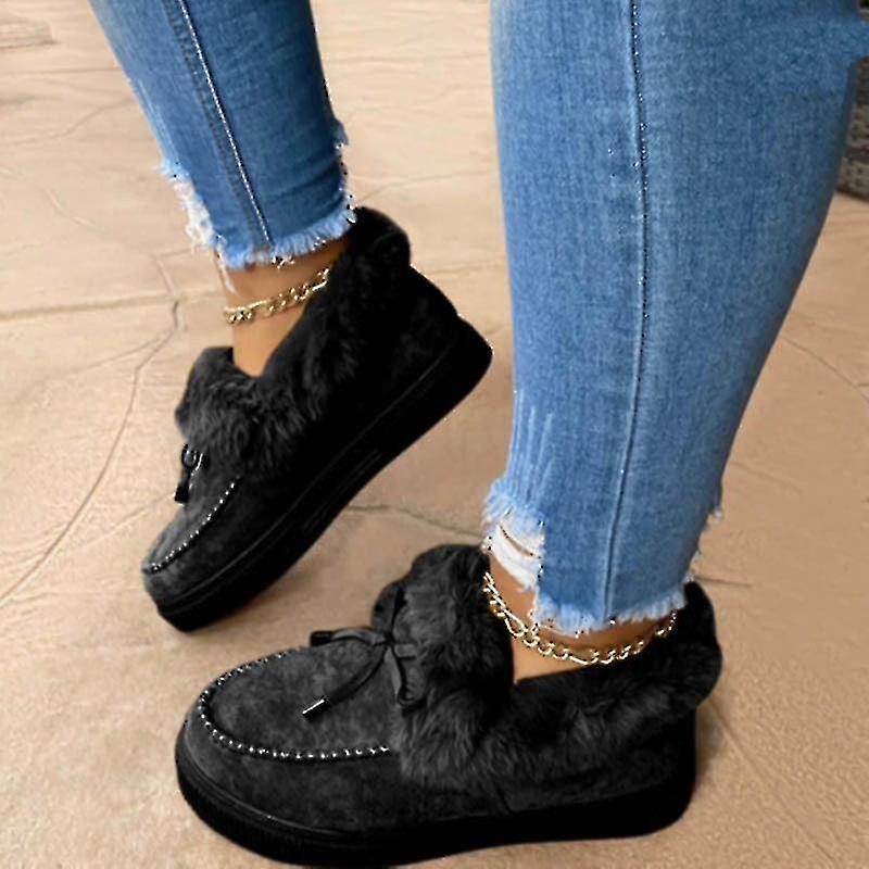 Autumn Winter- Casual Fur Bowknot, Fluffy Furry, Slip-on Sneakers Set