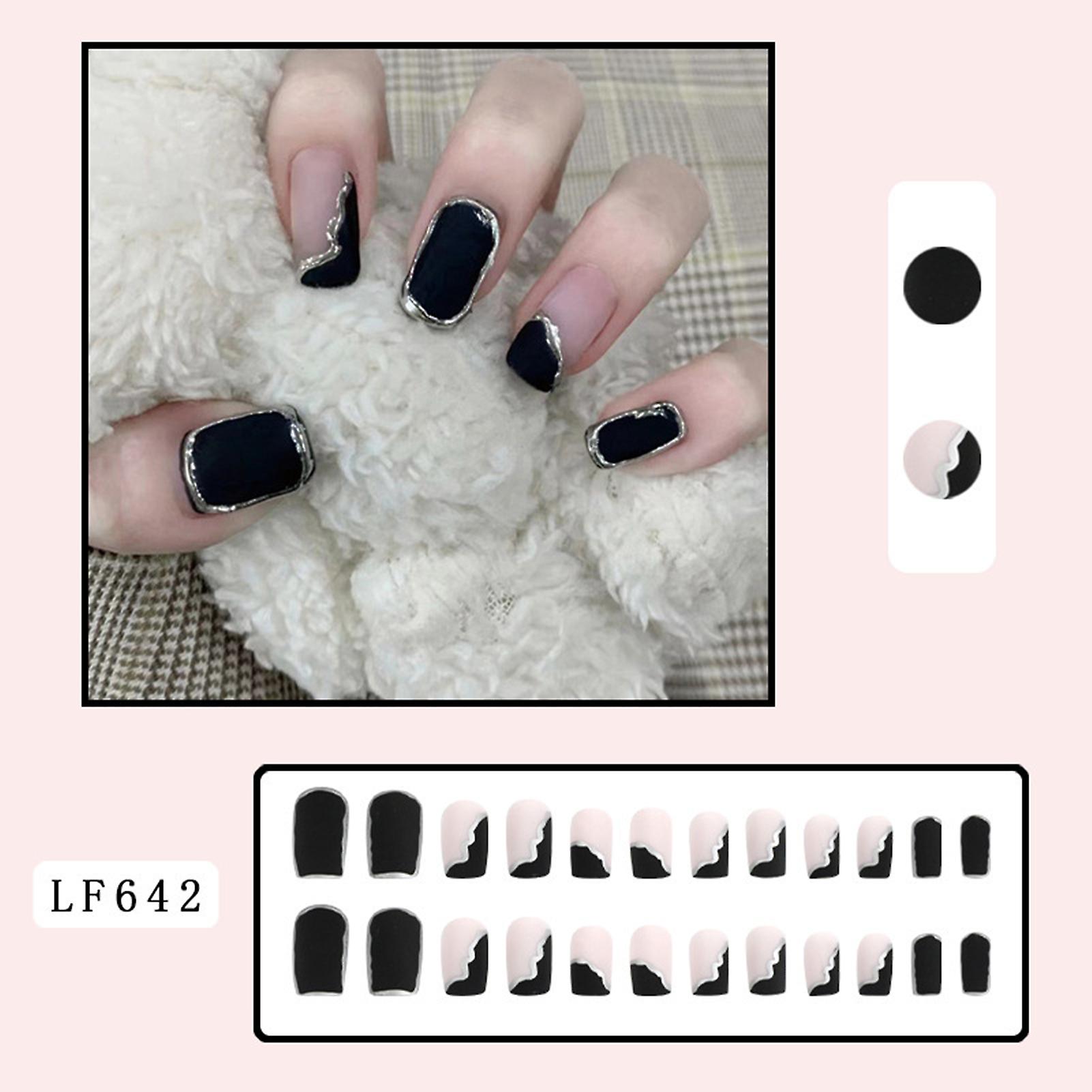 Sliver & Black False Nails Easy To Apply & Remove Nails