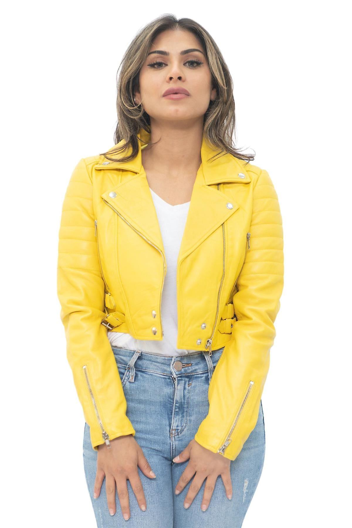 Infinity Leather Women's Yellow Cropped Brando Leather Biker Jacket Medium