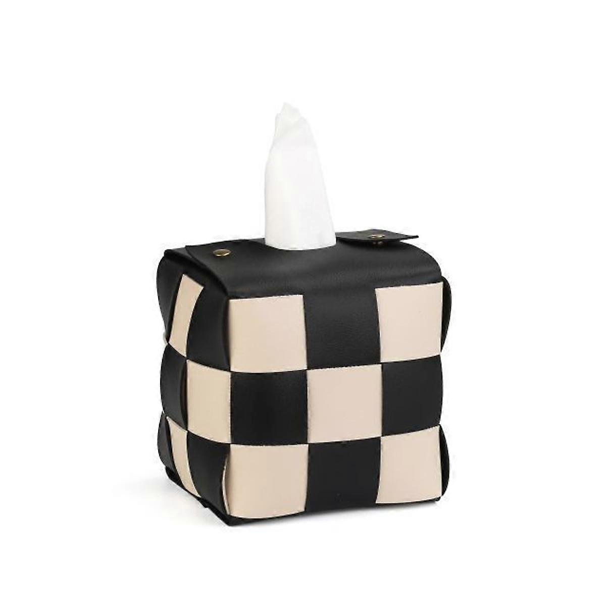Vevsboksdeksel, firkantet vevsboksholder, moderne PU-skinnvev, stilig sjakkbrettdesign for stue, dekorativ hylle