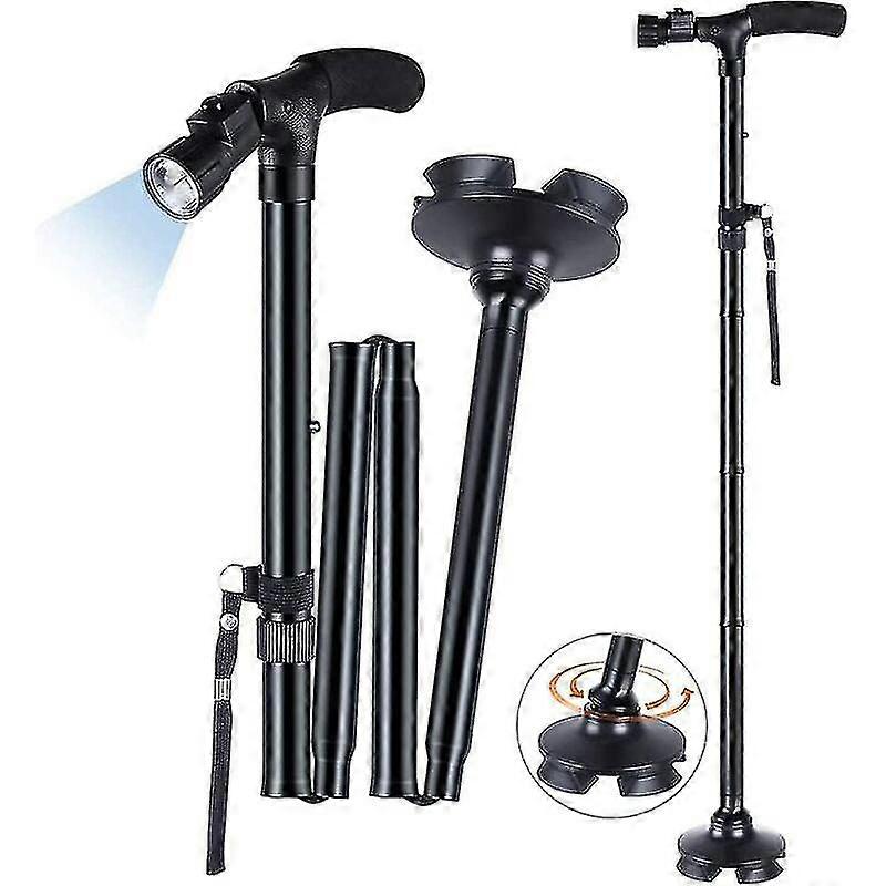 Folding Walking Cane With Led Light, Versailles Adjustable Height Collapsible Walking Stick For Elderly, Foldable And Portable - Black