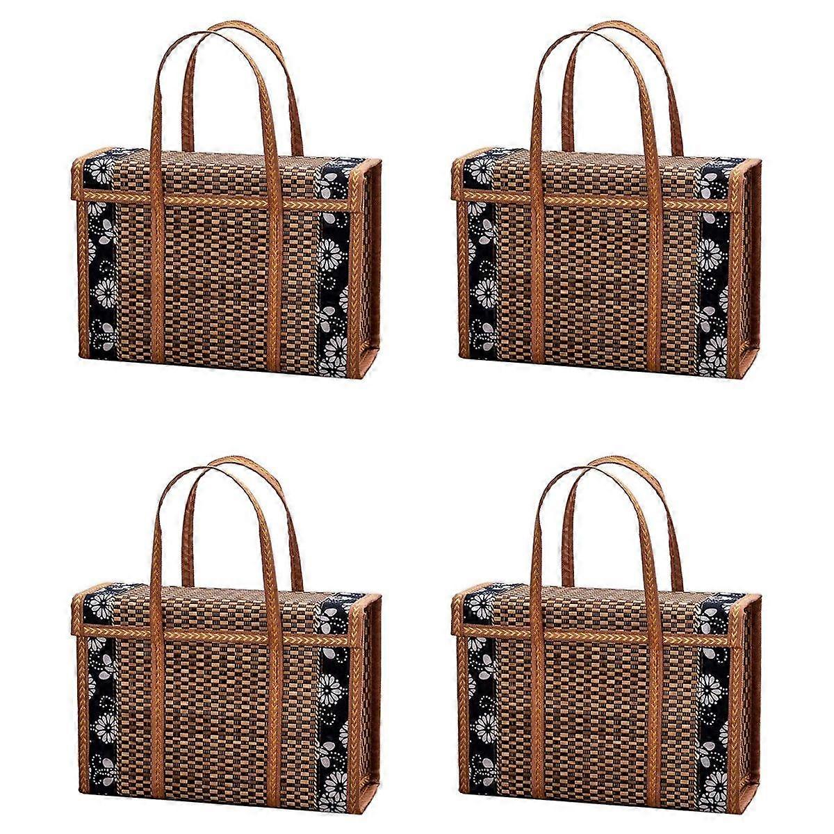 4X Picnic Woven Basket Wicker Storage Bag Handle Folded Fruit Shopping Food Handle Rattan Grass Fol