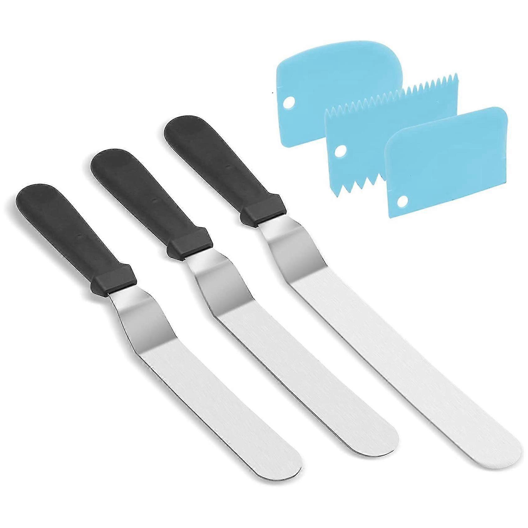 angled icing spatula set and 3 packs scrapers, stainless steel blue