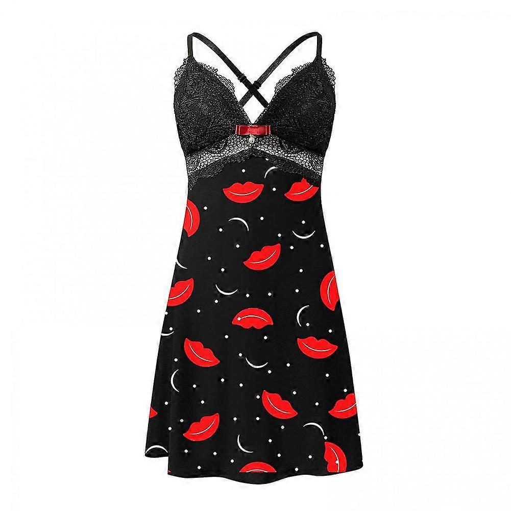 Söt läpptryck Strappy nattklänning med ihålig rygg Andas Ultratunna Unline Underkläder för kvinnor Kvinna