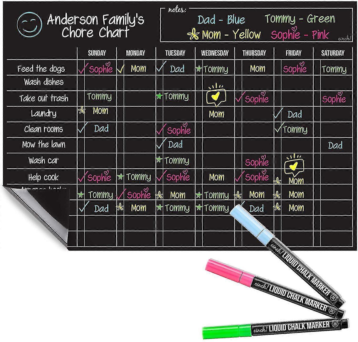 Magnetic Black Dry Erase Chore Chart Compatible With Multiple Kids And Adults: Fridge 17x12" - Daily Responsibility Reward