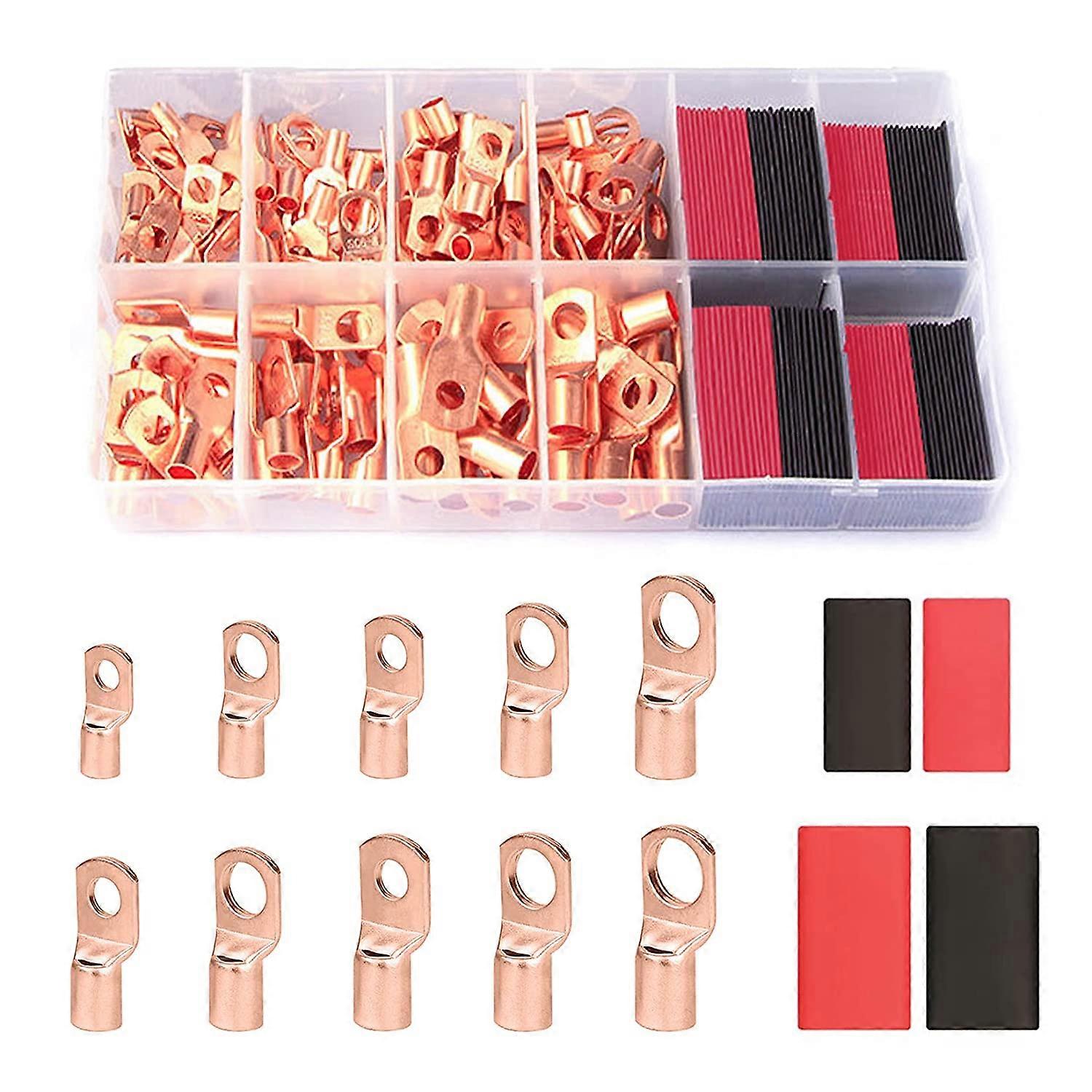 120Pcs Copper Wire Terminal , AWG 2 4 6 8 10 12 Ring Lug Kit with 60Pcs Heat Shrink 60Pcs Battery C