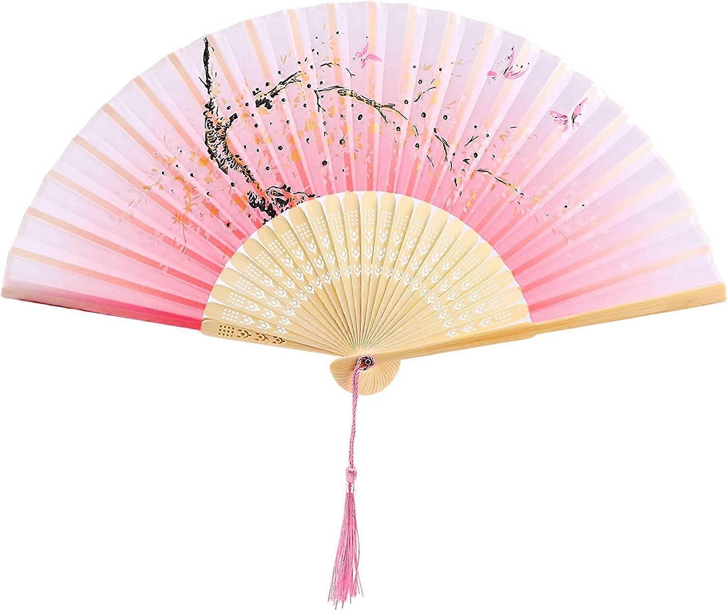 (Pink)Silk Folding Fan Bamboo Fans with Tassel Folding Fans for Decoration Folding Japanese Fan Dancing Fan Wedding Wall Hanging Gifts