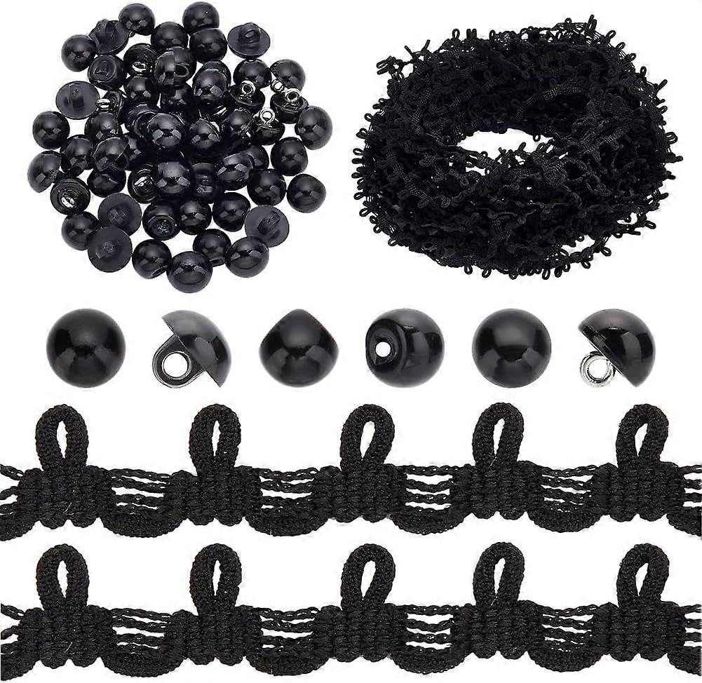 Ornament Accessories Kits Including Resin Imitation Pearl Shank Buttons 1-Hole with Polyester Elastic Cord with Loops Black