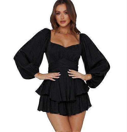 Women's Long Sleeve Ruffle Layer Tie Mini Short Romper