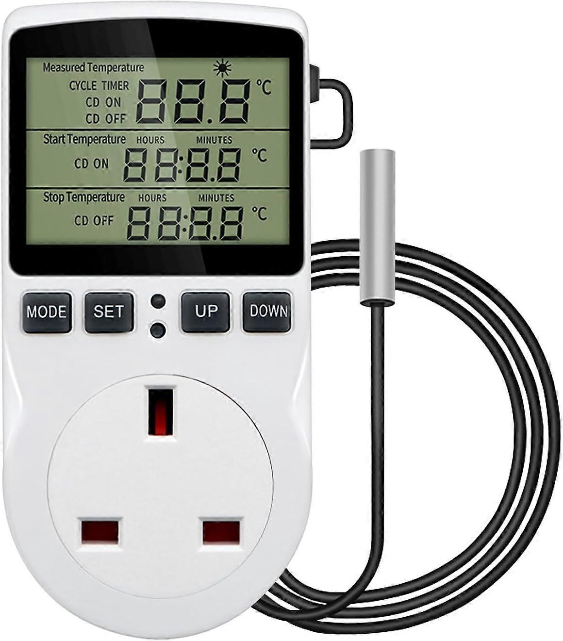 Digital Temperature Controller, Heating Cooling Timer ,Thermostat UK Plug with Sensor Probe, for Greenhouse Farm Refrigerator
