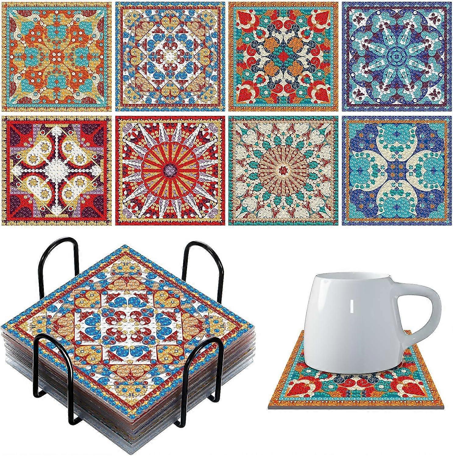 8 Pcs Diamond Coasters Set, Square Boho Mandala Design with Holder, Decorative Drink Coasters for Home and Office