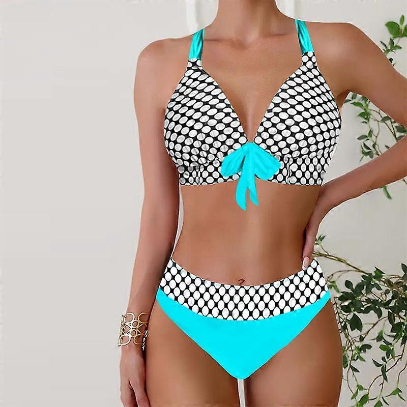 Dam Badkläder Bikini 2 st Baddräkt Utan rygg Halter Strandkläder Blå Kristallkedja Tryck Baddräkter Hängande hals Baddräkt