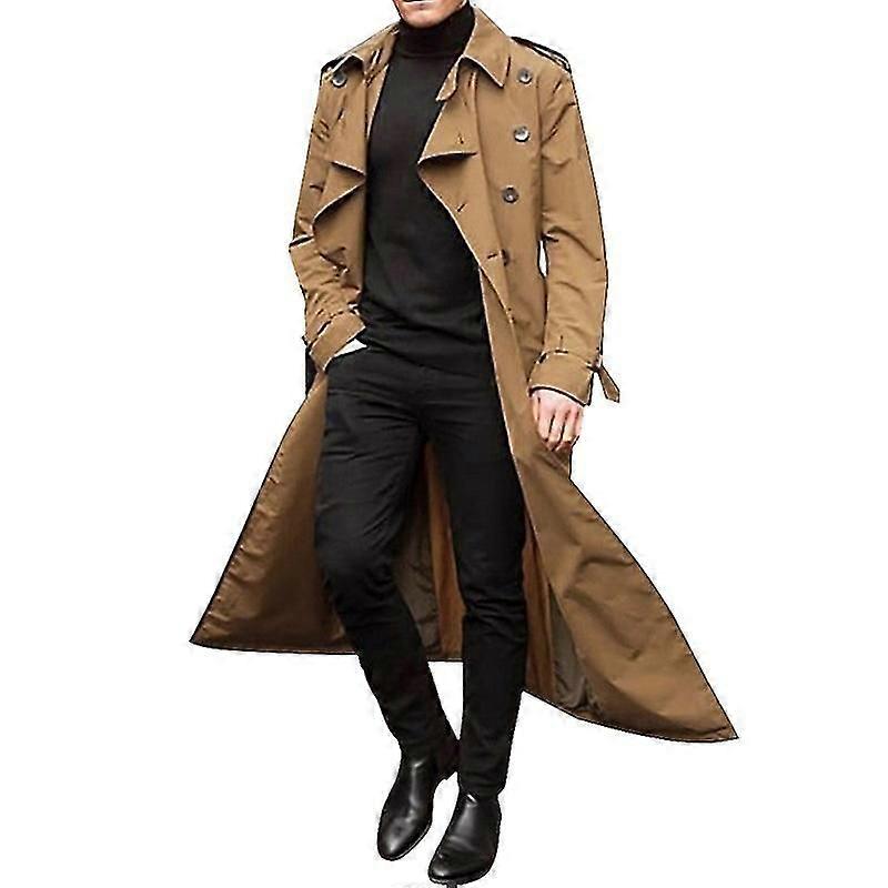 Men Long Trench Coat Lapel Overcoat Casual Jacket Plain Outerwear