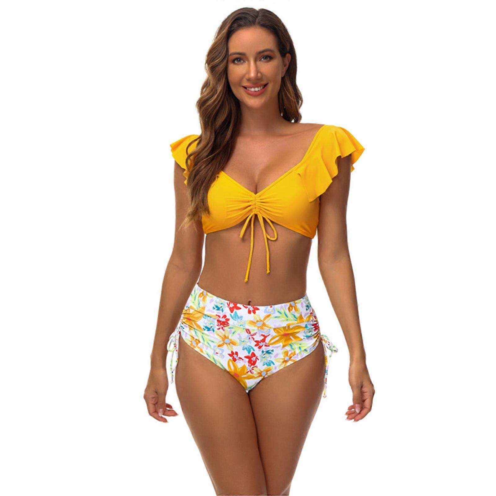 Femmes Deux pièces Imprimé Sac Souple Bikini Ensemble Bretelles Ajustables Sexy Volant Maillot de bain Maillots de bain Taille haute Maillots de bain Jaune XL