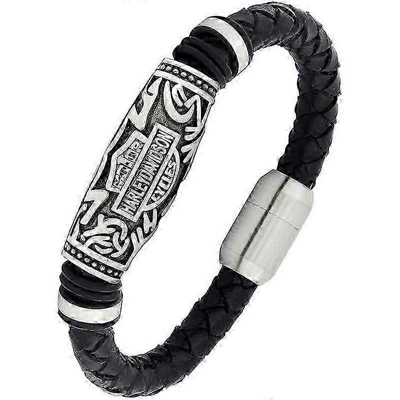 「100%本物のハーレーバイカーブレスレットソフトブラックレザーとステンレススチールの手作りメンズブレスレットL237」