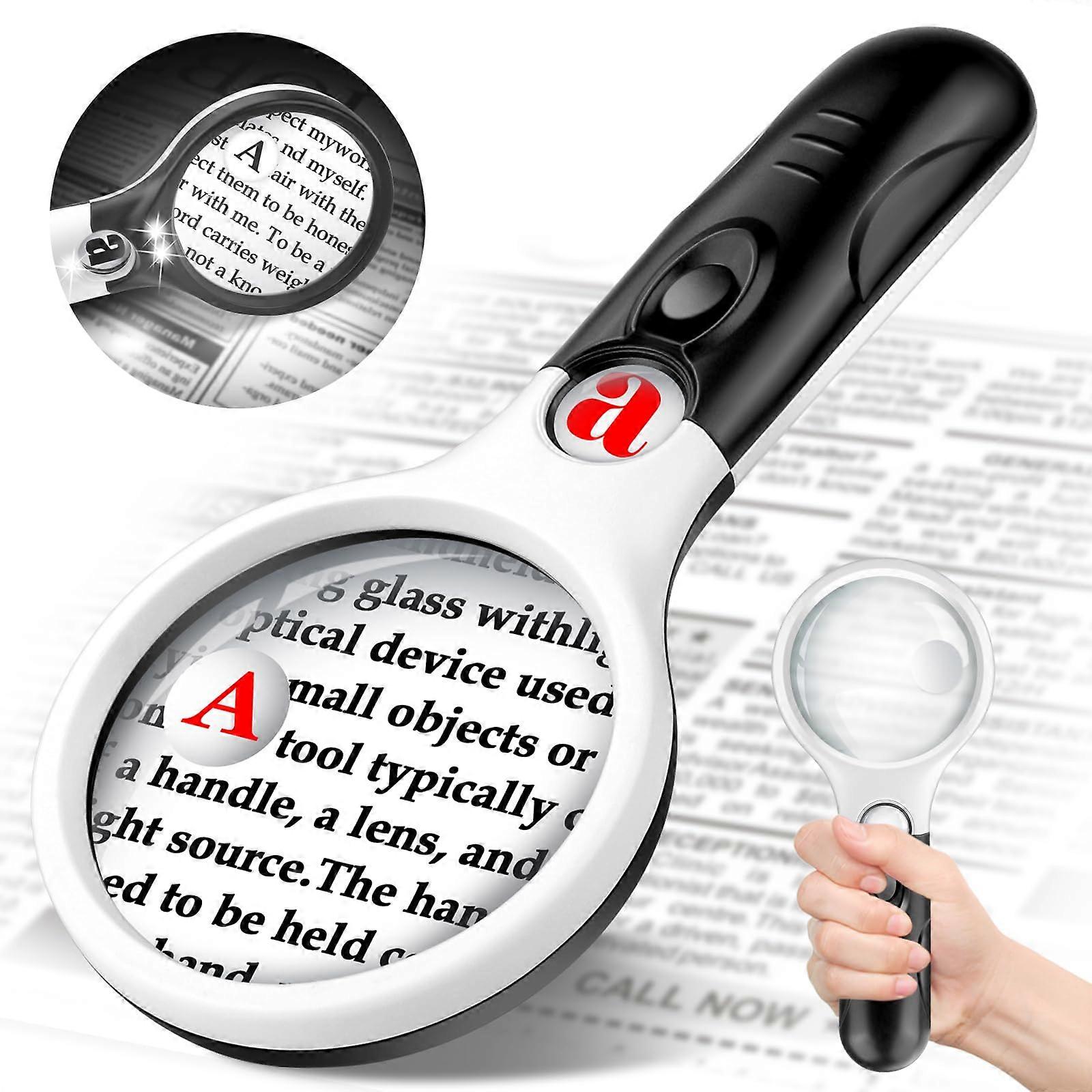 Compact Magnifying Glass With Lights 45X 10X 5X Handheld Magnifier 3 LED Reading Small Print Low Vision B&W