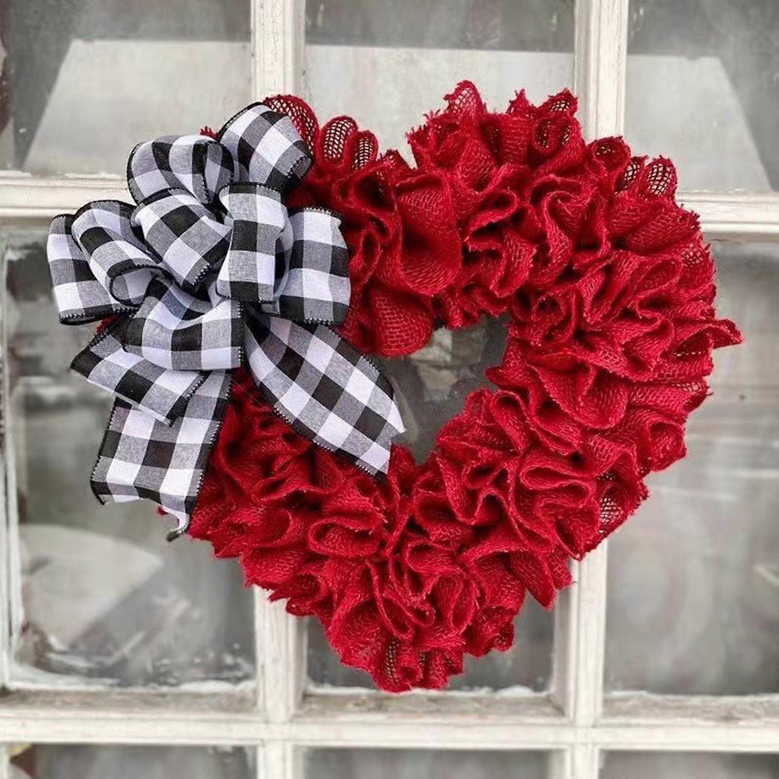 Valentines Day Wreath, Large Burlap Heart Shaped Door with Wreath Plaid Bows, Valentines Wreaths for Front Door