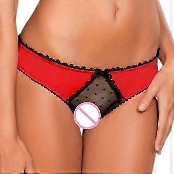 Mujeres sexy de tiro bajo Polka Dot Mesh Bragas Lencería Empalme de encaje Bowknot G-string Ropa interior erótica Tangas sin entrepierna Calzoncillos Ropa de noche Rojo XL