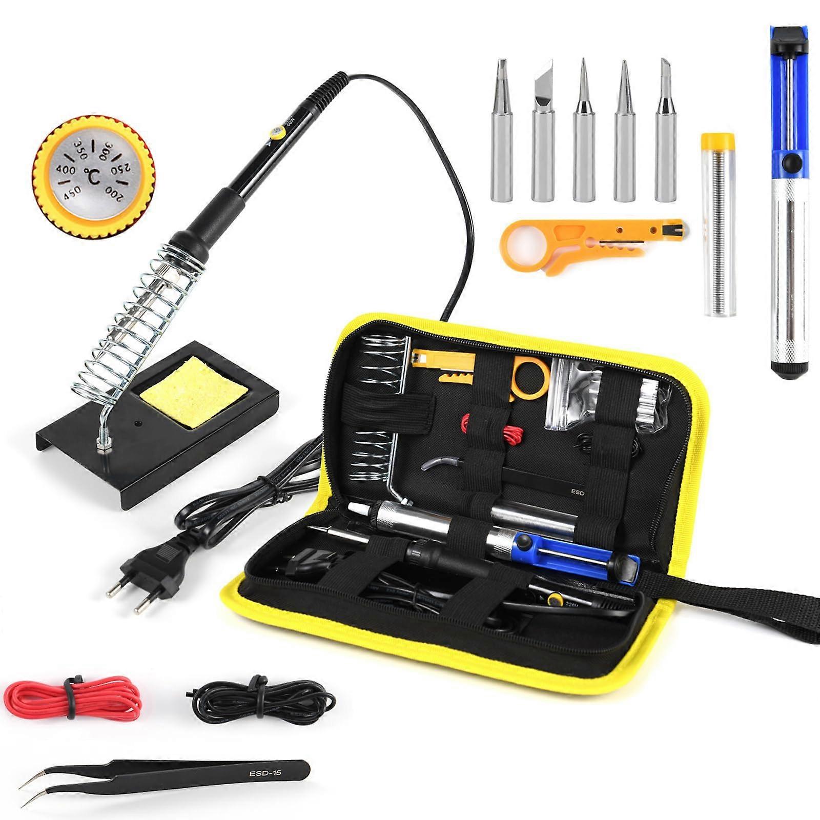 Soldering Iron Set 60W with Adjustable Temperature 240-450°C, 5 Tips, Desoldering Pump, EU Plug, Black
