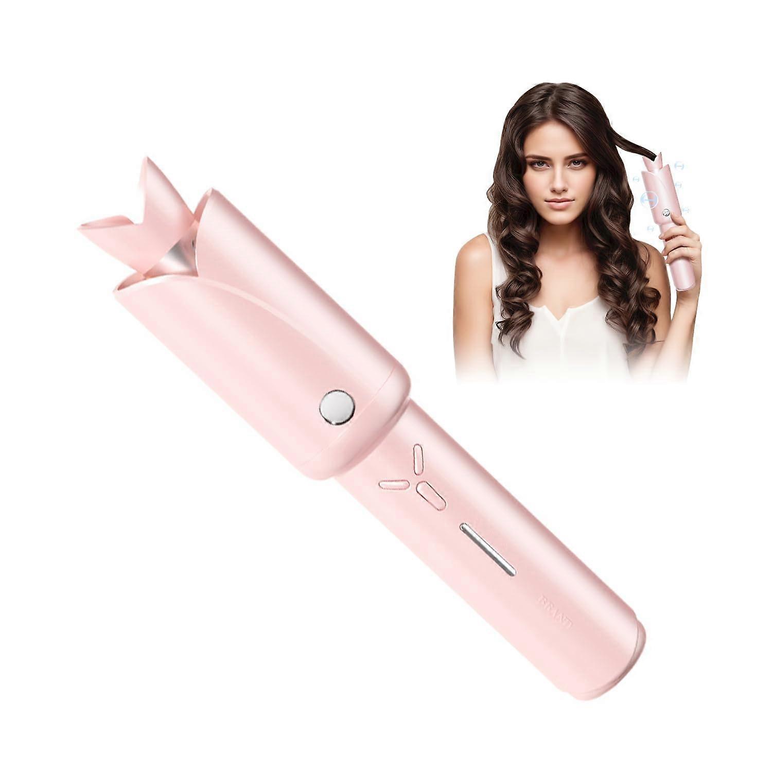 Automatic Cordless Curling Iron, 1 inch Rotating Barrel, Intelligent Temperature Control, 360° Antiscalding, Ceramic Coating (Pink)