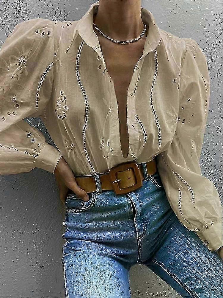 Női hosszú ujjú üreges gombos irodai ruházat ingek, ingek blúzok, női ruházat, felsők nőknek, ruhák, fehér ingek zZ