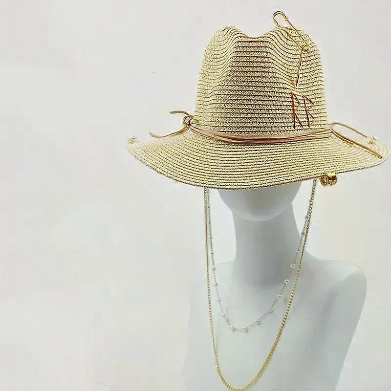 White straw hat pearl chain flat top sun hat new Korean elastic ribbon hat beach hat candy color sun hat