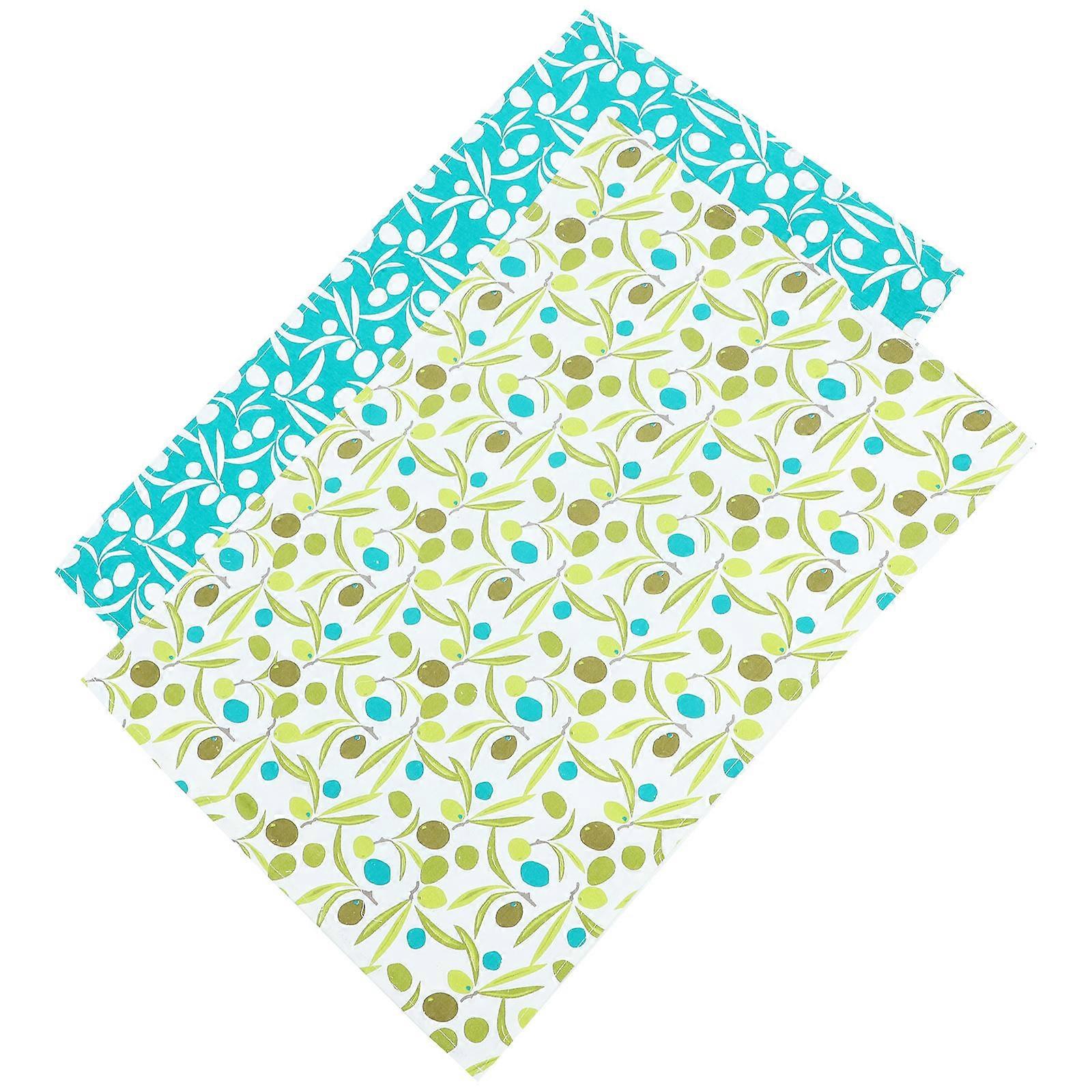 Kitchen Hand Towels Rectangular Cotton Fabric For Dining Table And Decorating Desktop Blue and White Olive 2Pcs