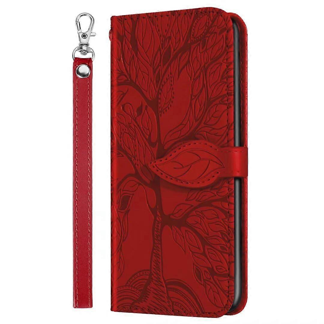Leather Case for Samsung Galaxy S24 - Red Embossed Wallet with Card Slot, Stand Function, and Tree Design