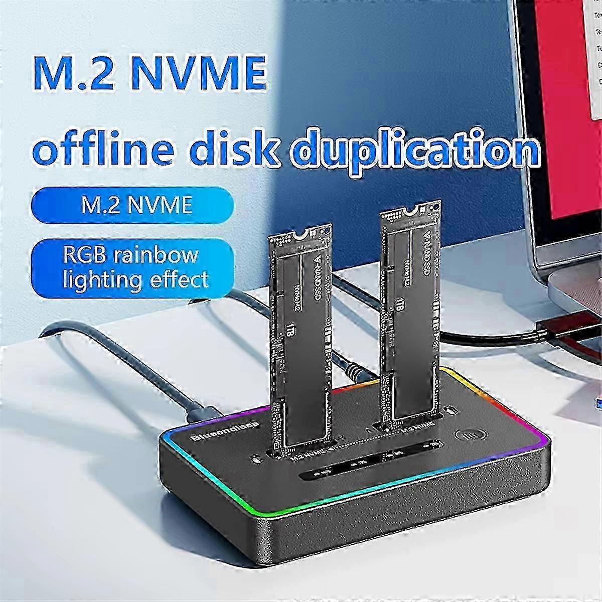 Dual-Bay M.2 NVME SSD Docking Station RGB USB C Type C Offline Cloner Duplicator PCIE Enclosure EU Plug