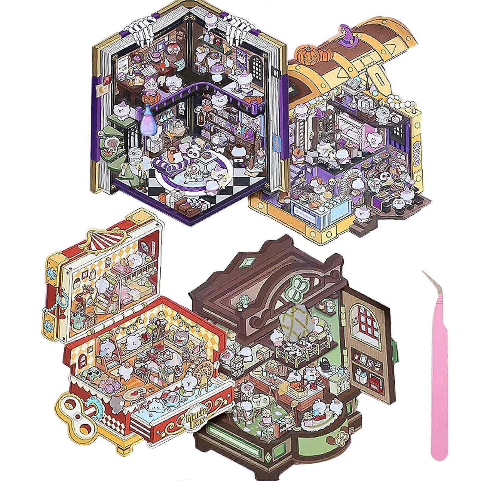 3D Sticker Set of 4 House Stickers with 8 Background Scenes and Tweezers for Scrapbooking and Crafts