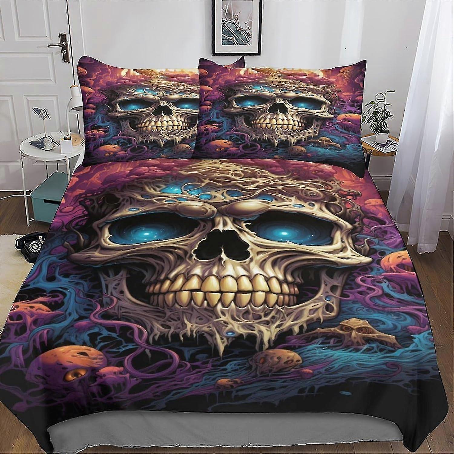 Conjunto de capa de edredom 3D com design de flores de caveira para roupa de cama, inclui fronhas, capa de cama de microfibra, fechamento com zíper