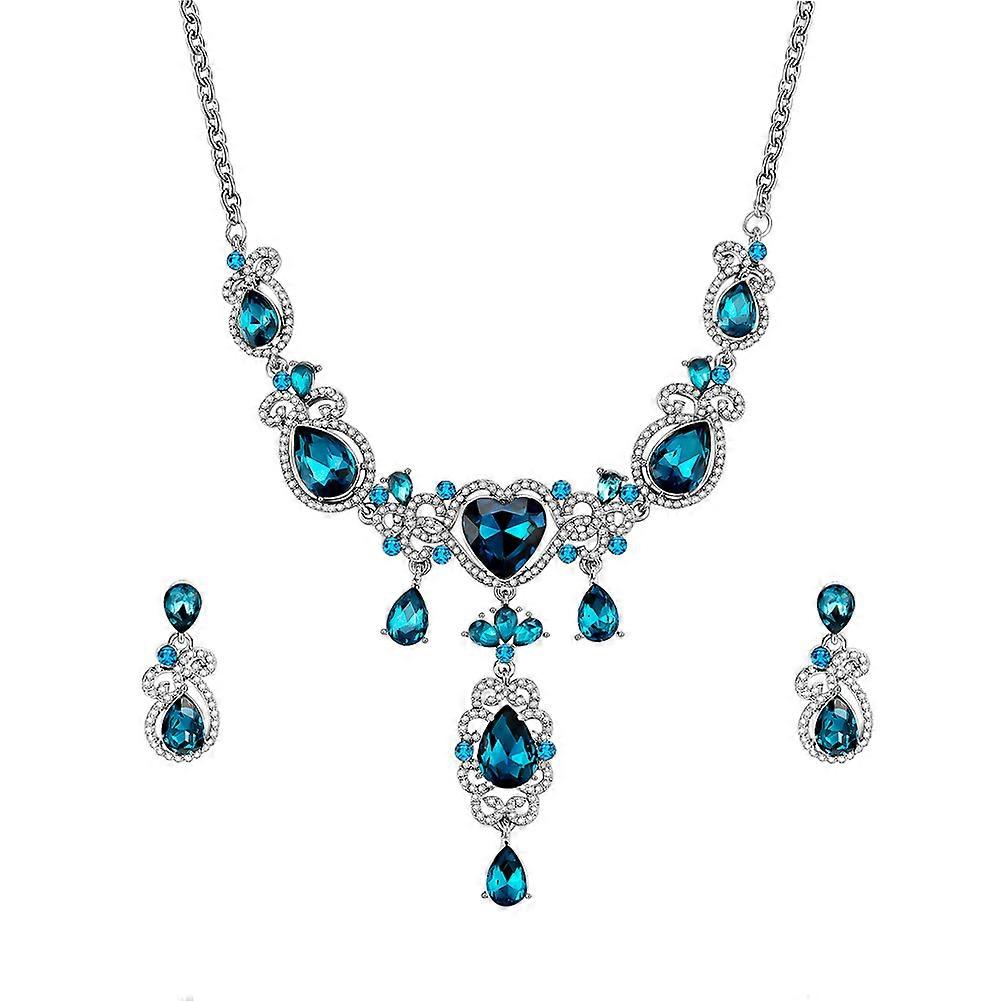 Luxury Necklace and Earrings Set with Shiny Rhinestone and Alloy Material Blue Color