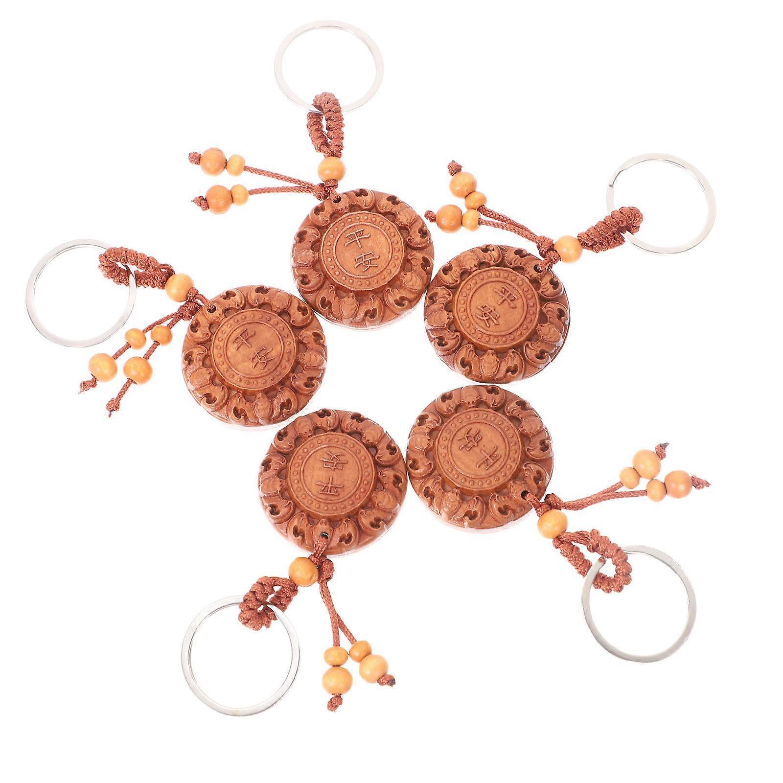 Brown Wood Embossed Keychain Pendant for Decor with Vintage Design Lightweight 5 Pcs Set