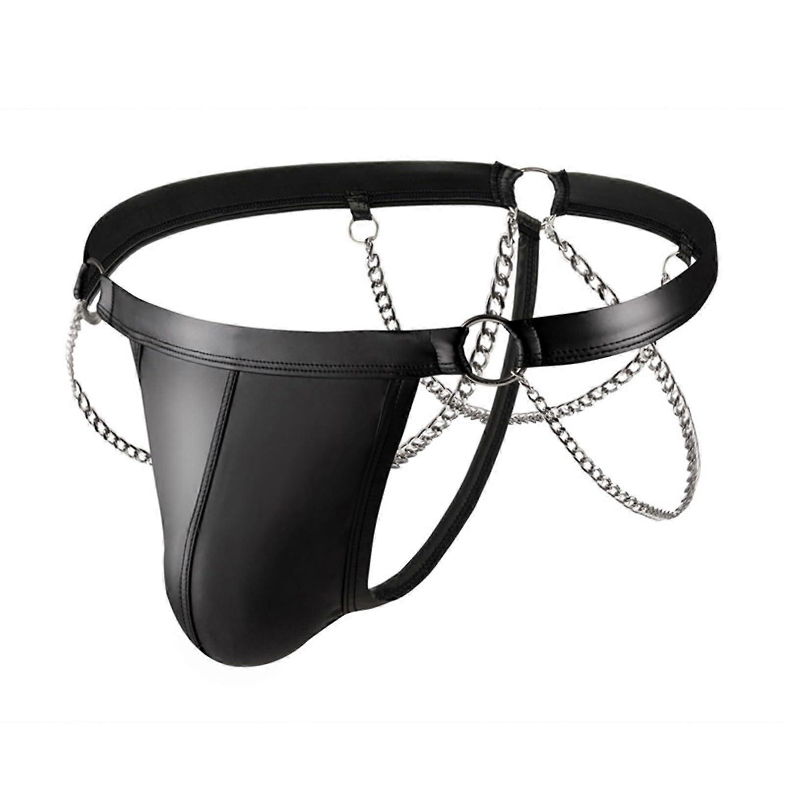 Men's String Mini Briefs Black Patent Leather Bikini Underwear with Chain Faux Leather Hot Pants Thong Size M