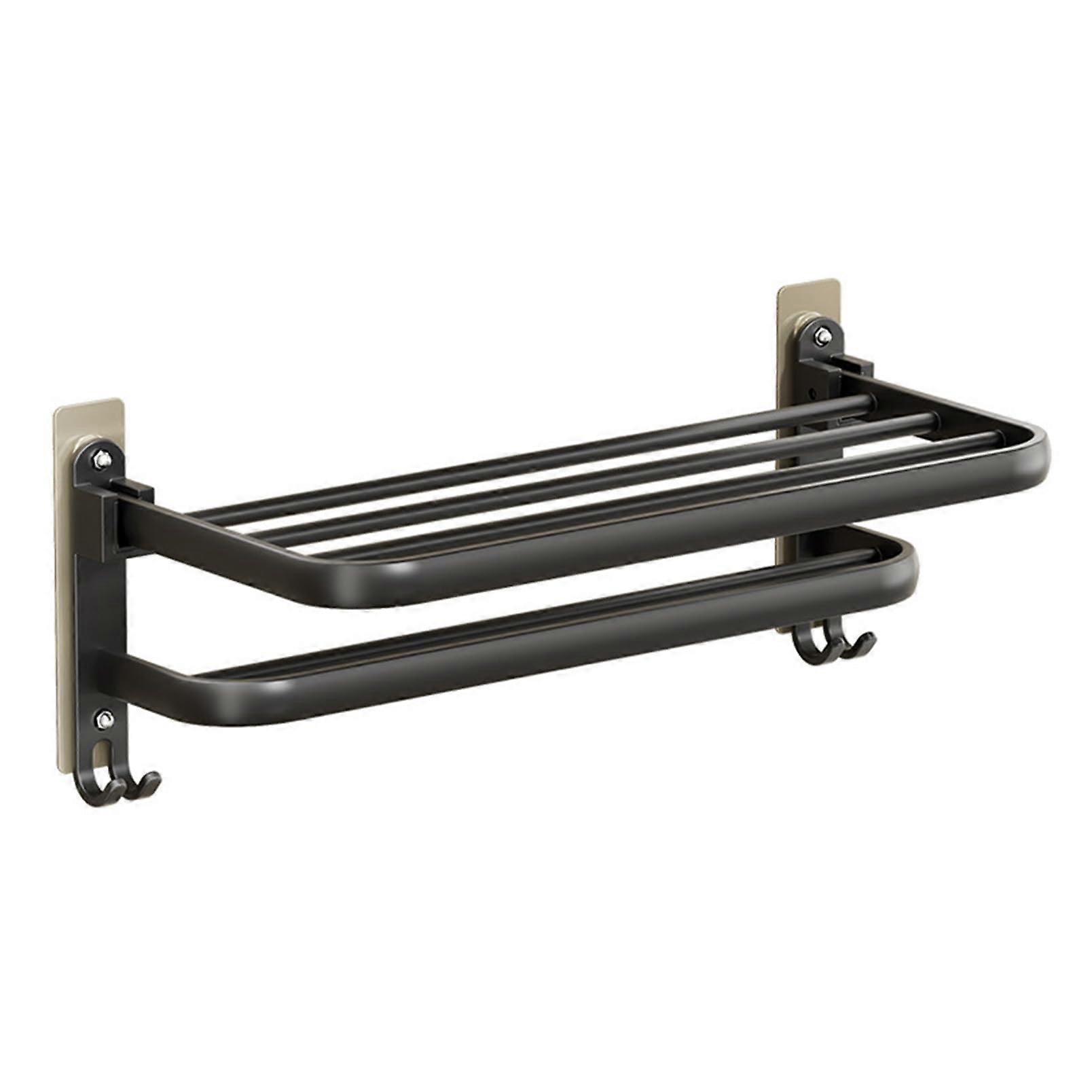 Towel Rail Wall Mounted Holder 40cm Matt Black Aluminium No Drilling 90° Folding with 4 Hooks for Bathroom Storage