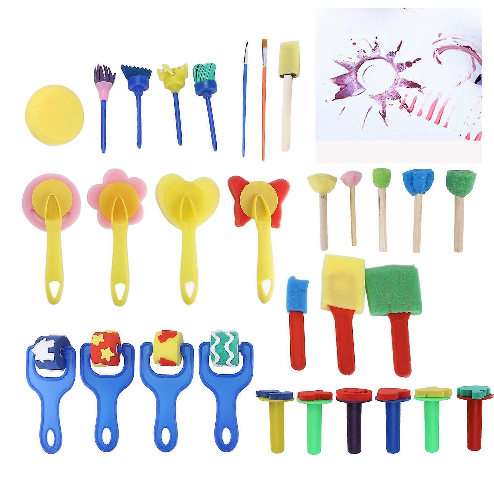30 Pc Kids Paint Brushes Set NonToxic Sponge Nylon Drawing Tools
