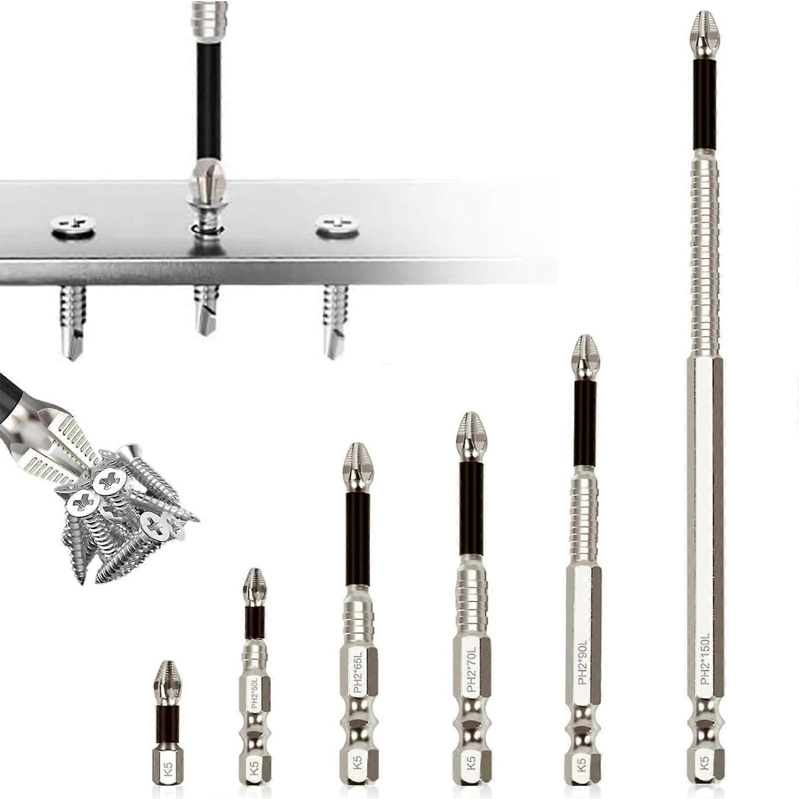 High-Magnetic Screwdriver Drill Bit Set 6pcs, Anti-Slip Precision Bits 25-150mm for Impact Driver, Durable Bit Holder