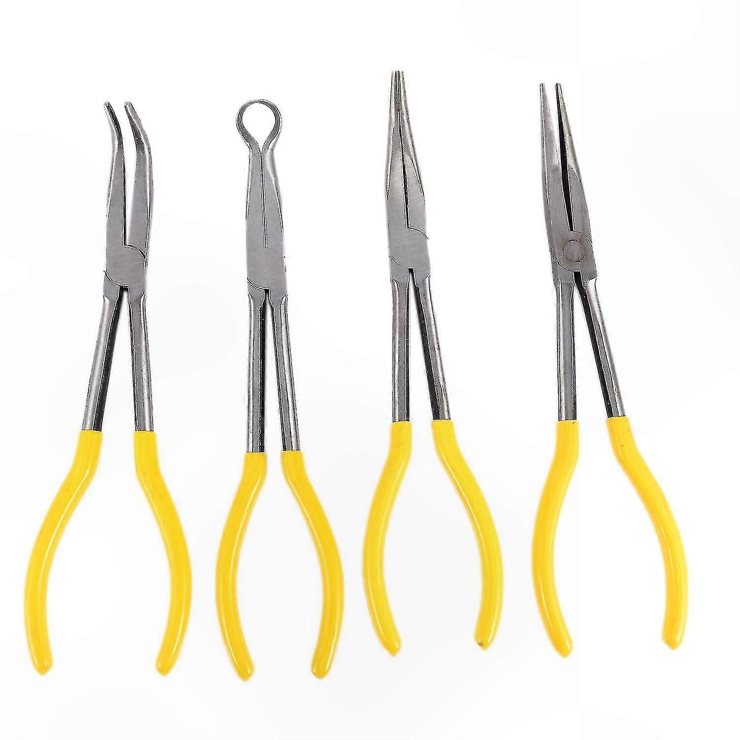 4-Piece 11" Long Nose Pliers Set with Straight and Bent Tips for Mechanics and Hand Tool Kits