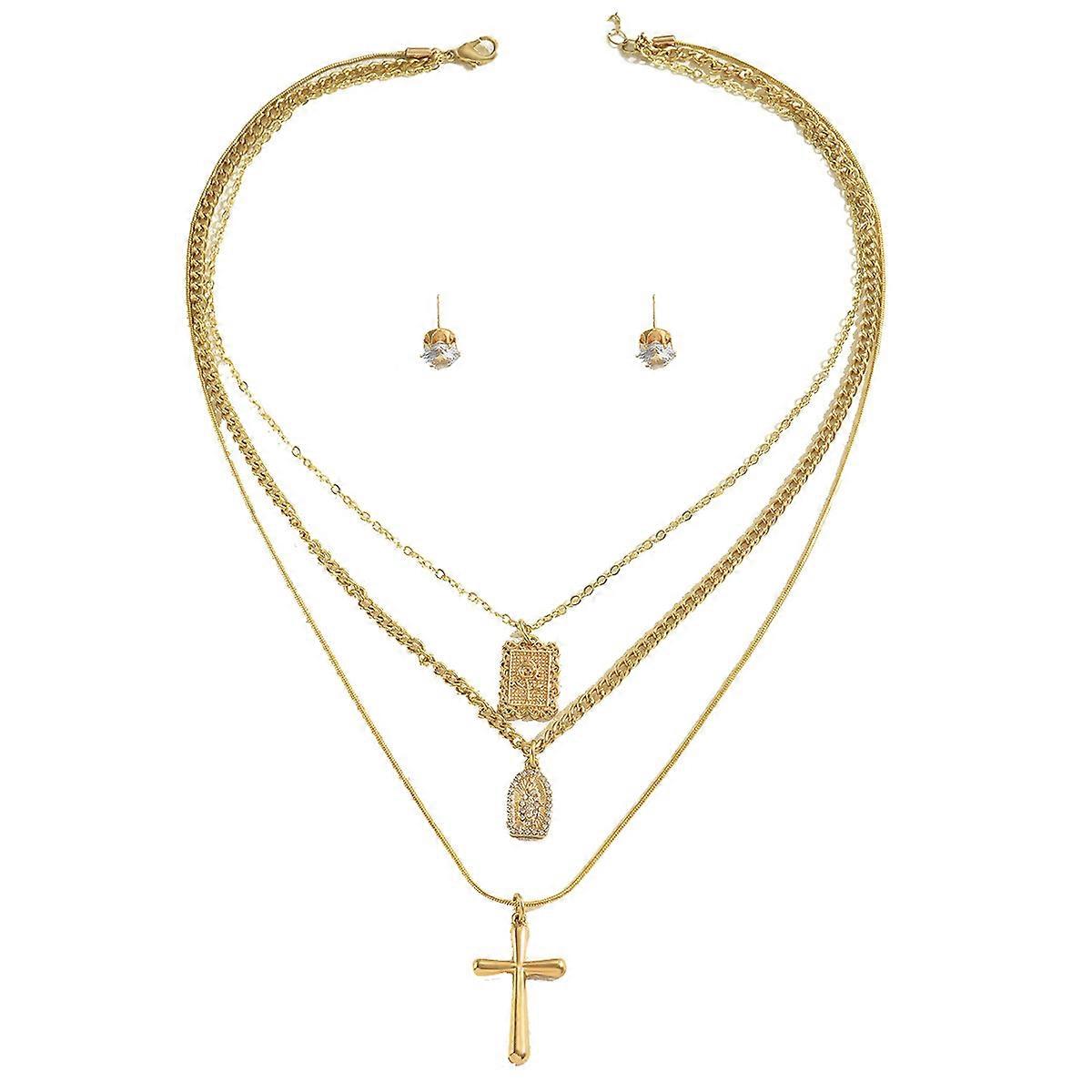 Necklace and Earring Set, Cross Design Multi-layer Collarbone Chain Earrings