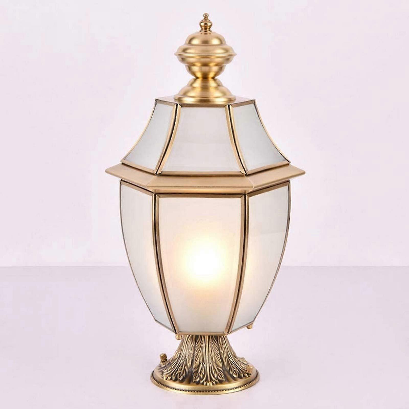 Courtyard Light Outdoor Column Lamp Waterproof Gold Finish Frosted Glass Lantern Copper Garden Wall Post Lamp 30cm x 52cm Fence Light