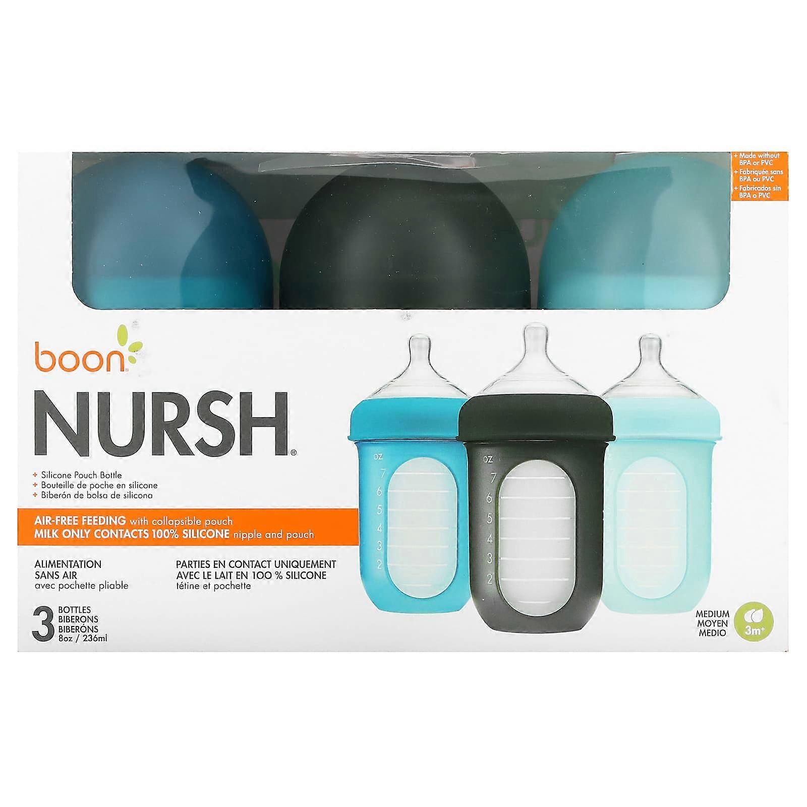 Nursh, Silicone Pouch Bottle, 3m+, Medium, 3 Bottles, 8 oz (236 ml) Each