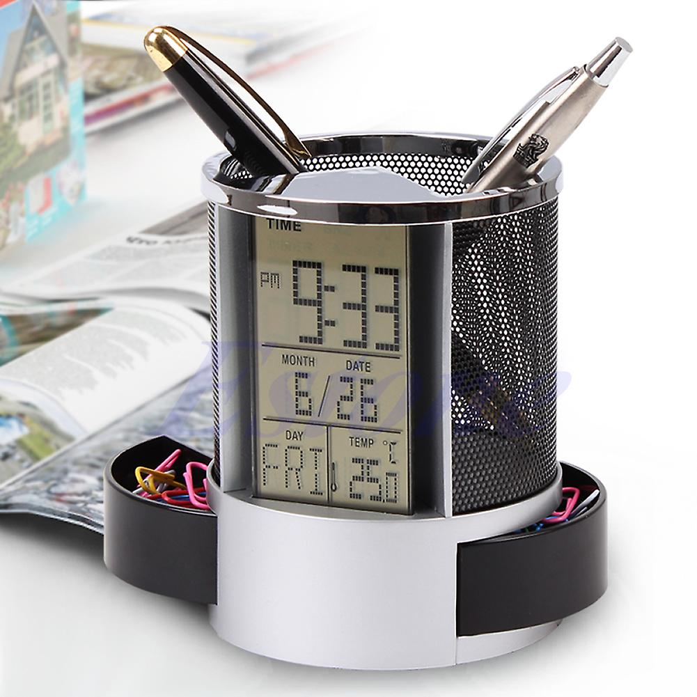 Digital LCD Desk ALarm Clock & Mesh Rulers Pen Pencil Holder for Time Temp Calen