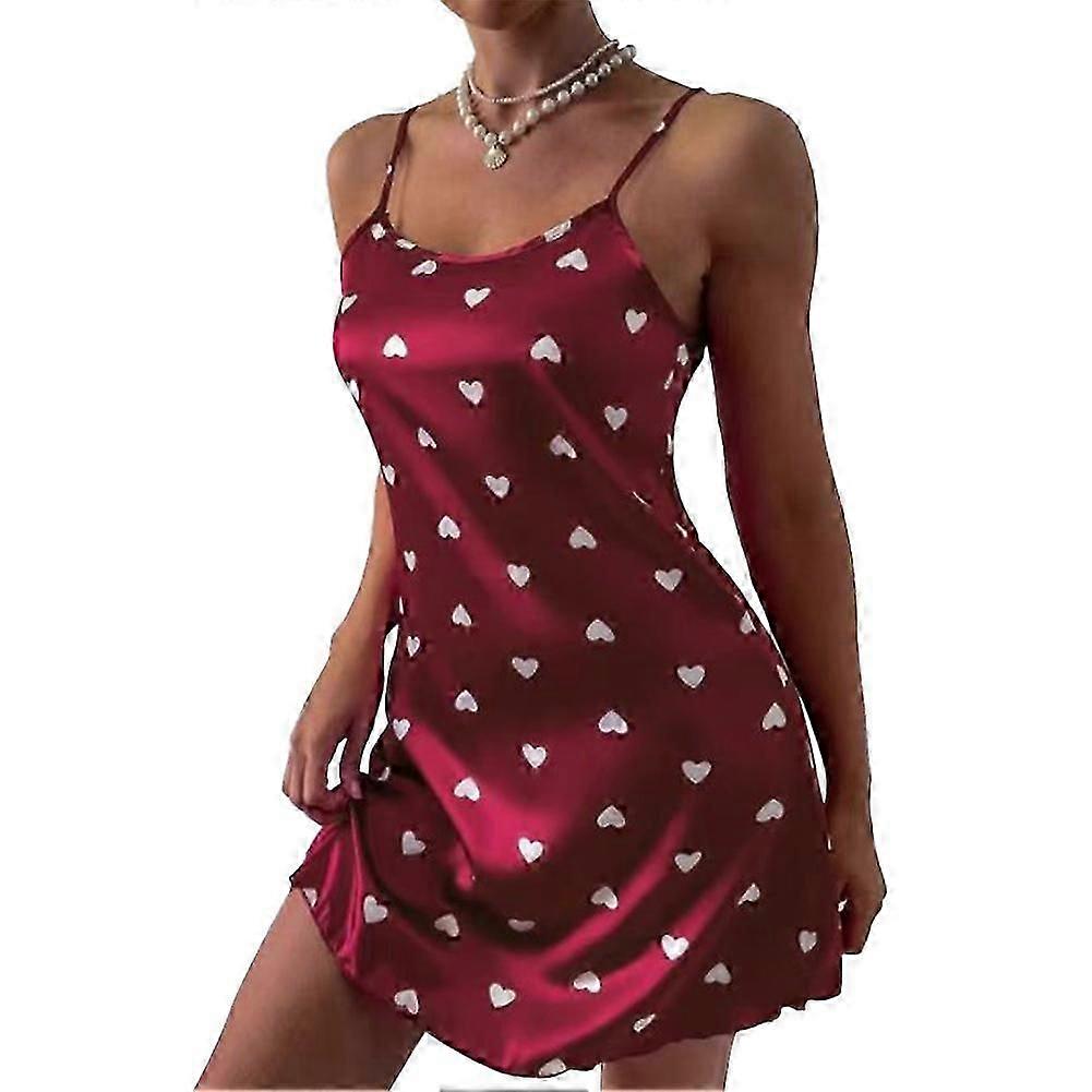 جديد نسائي ملابس نوم ساتان قميص نوم حرير ليلي بلا أكمام ملابس نوم قميص طباعة القلب