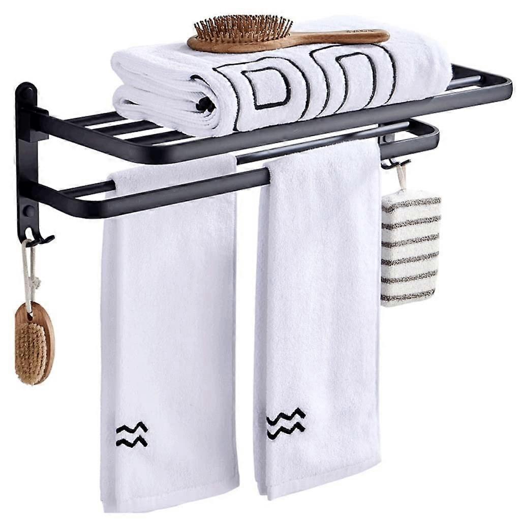 Black Aluminum Bathroom Towel Rack with Foldable Shelf and Fixed Rail, 59cm Towel Holder