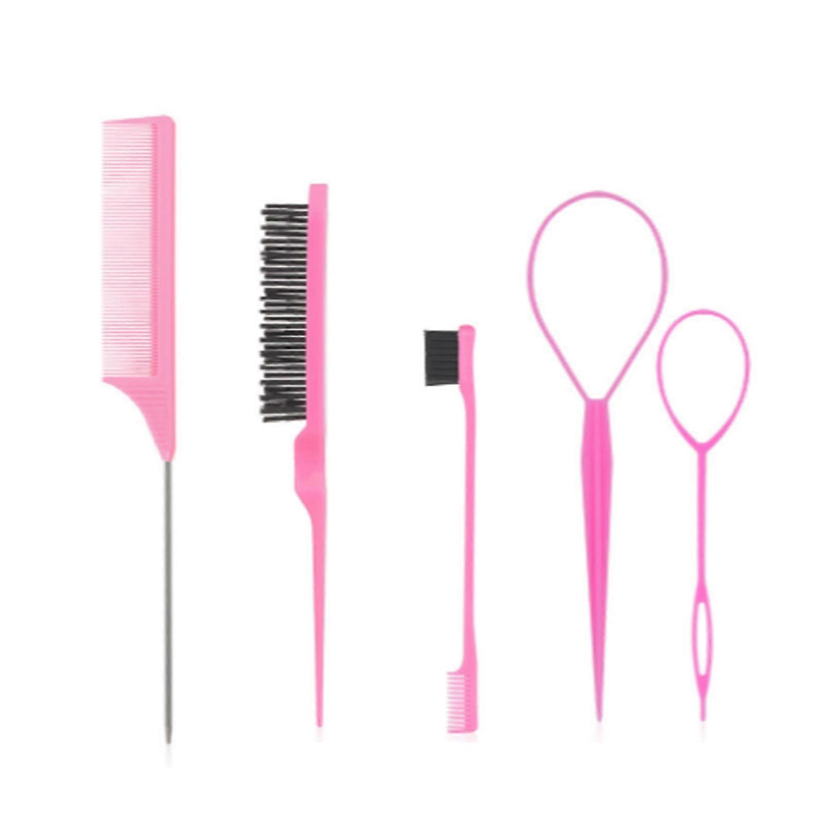 Hair Brush and Comb Set 5pcs Pink with Teasing, Smoothing, Edge and Rat Tail Brushes for Kids and Adults