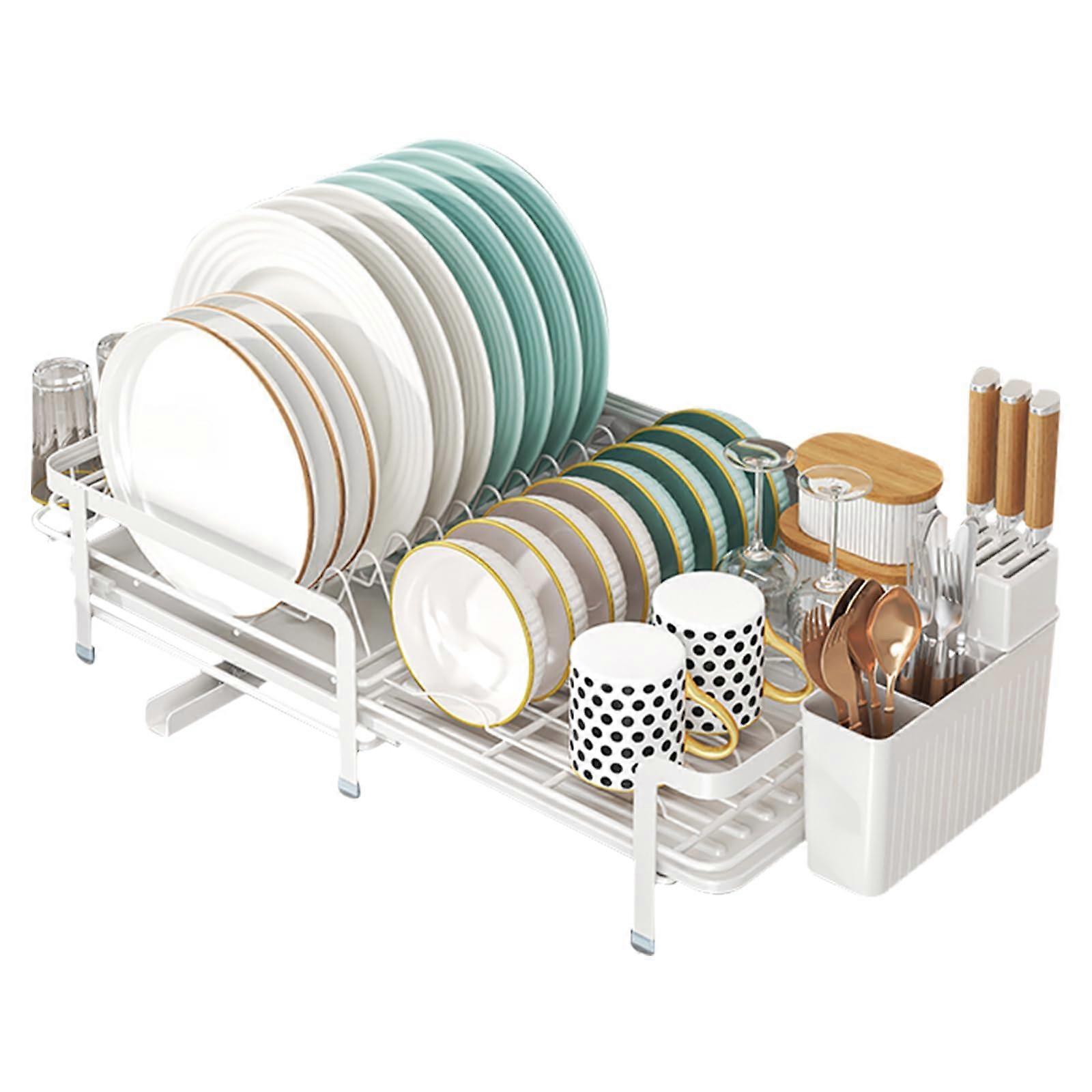 Expandable Dish Drying Rack with Drainboard, Rustproof Stainless Steel, Utensil Holder and Cup Hooks